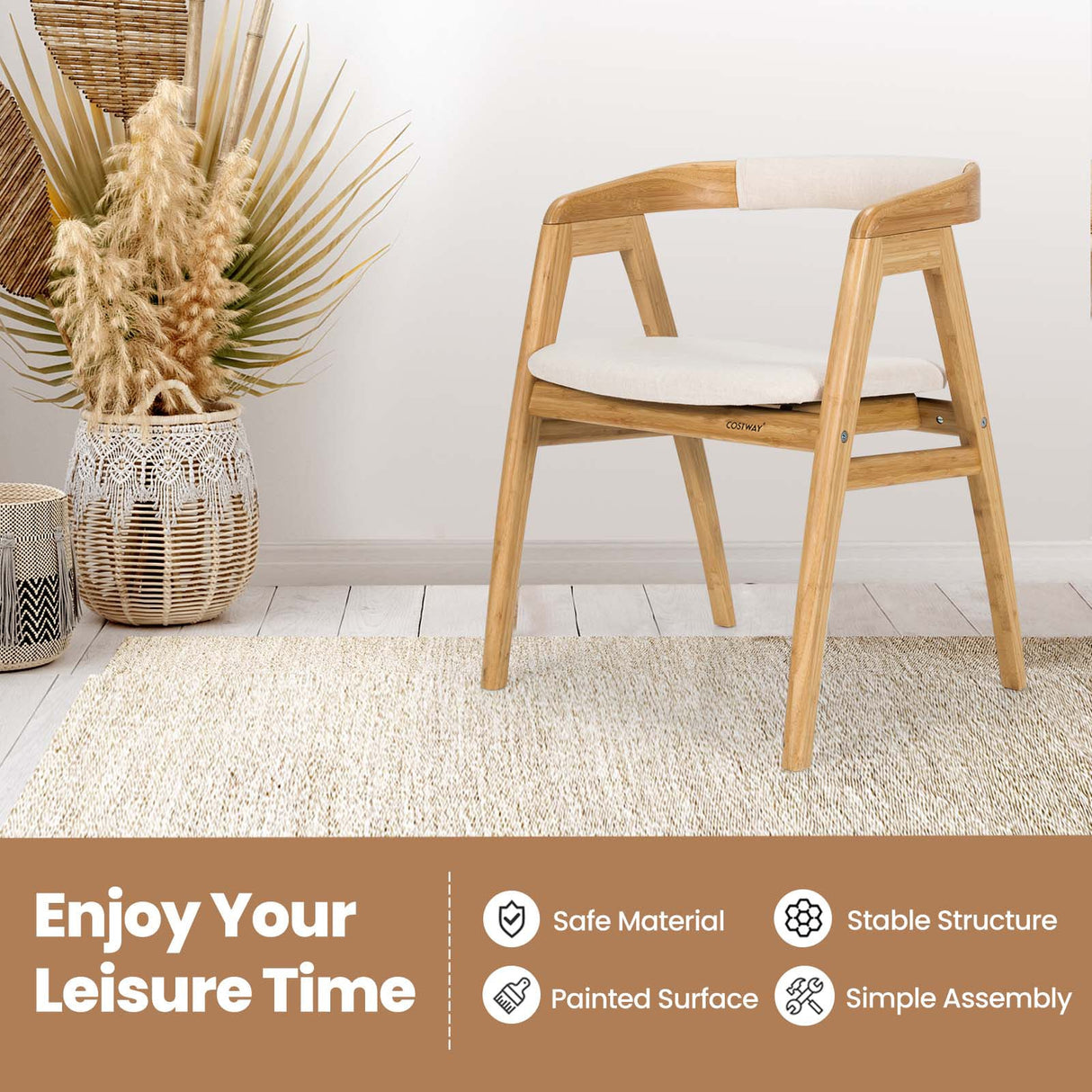Silla de comedor de bambú para ocio con respaldo curvo y almohadillas antideslizantes para los pies - Natural