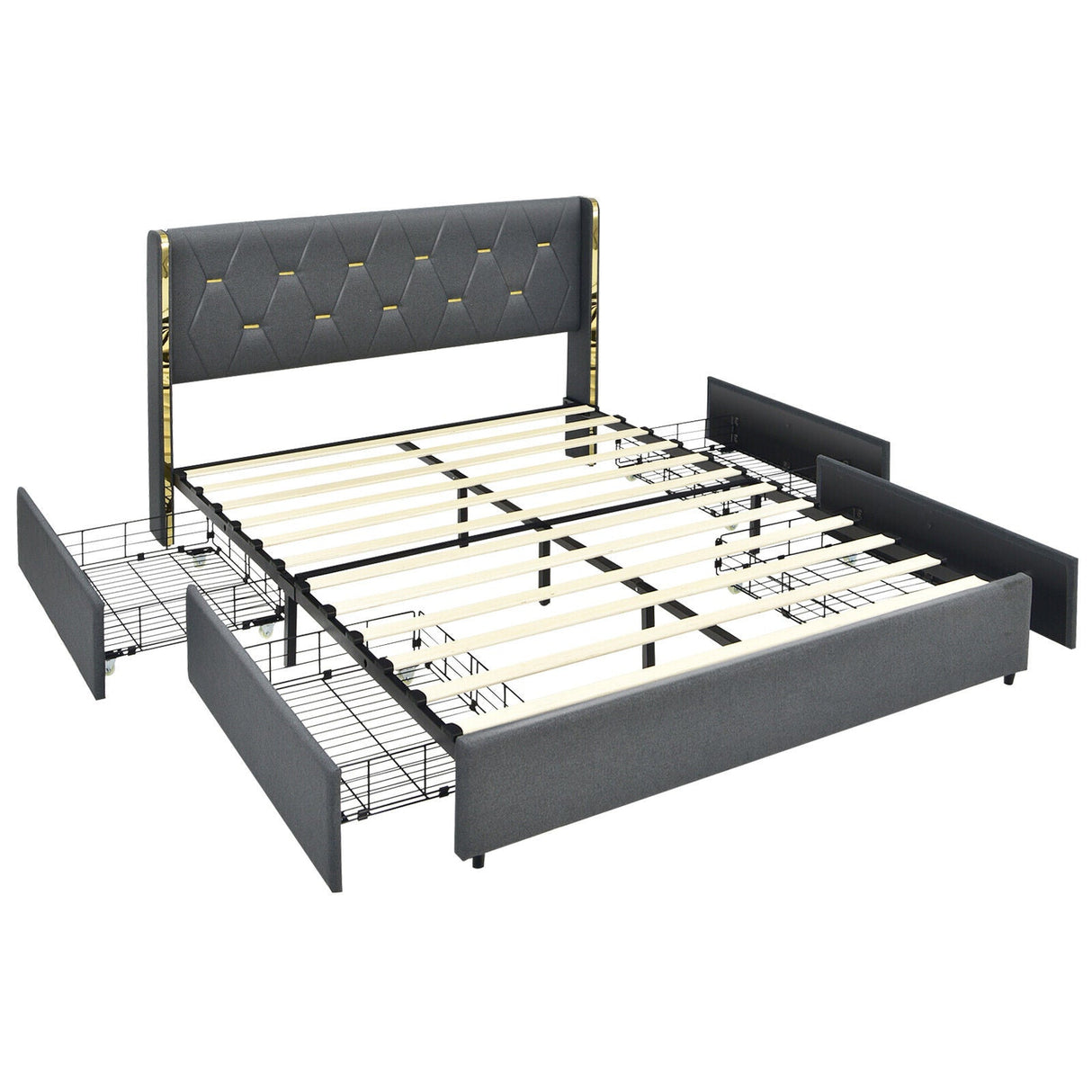 Base de cama tapizada tamaño matrimonial/queen con 4 cajones de almacenamiento