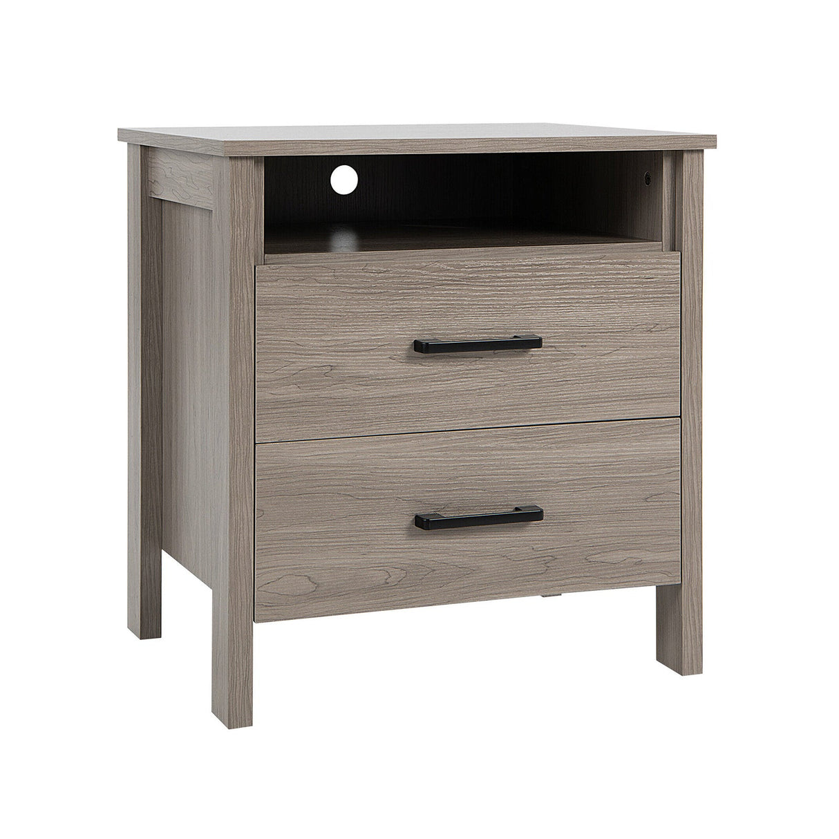 Modern Wood Grain Nightstand with Cable Hole and Open Compartment