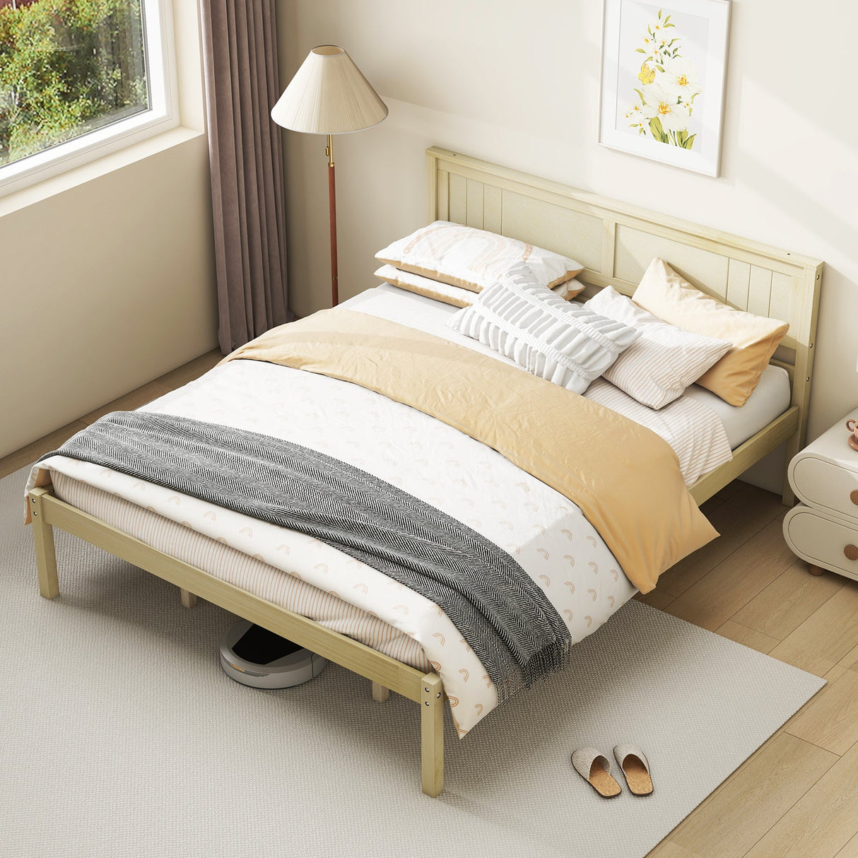 Marco de cama de madera tamaño Twin/Full/Queen con cabecera y soporte de listones