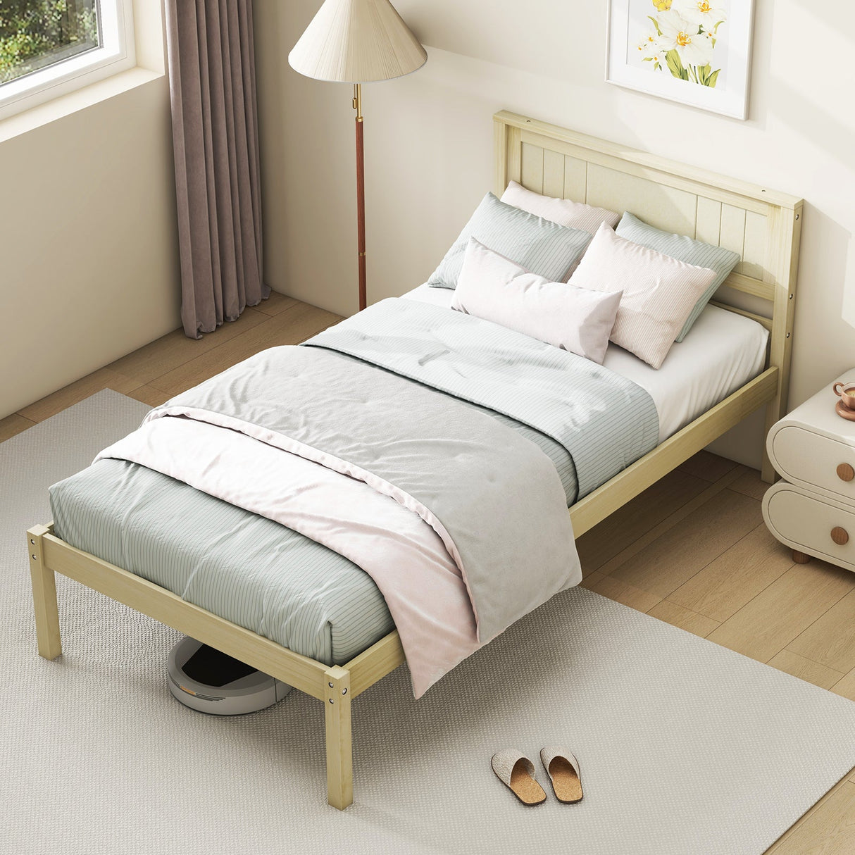 Marco de cama de madera tamaño Twin/Full/Queen con cabecera y soporte de listones