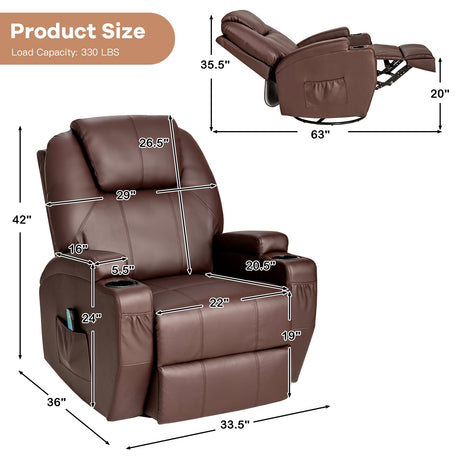 Sillón reclinable de masaje giratorio 360 grados con control remoto para el hogar-Marrón