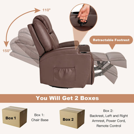 Sillón reclinable de masaje giratorio 360 grados con control remoto para el hogar-Marrón