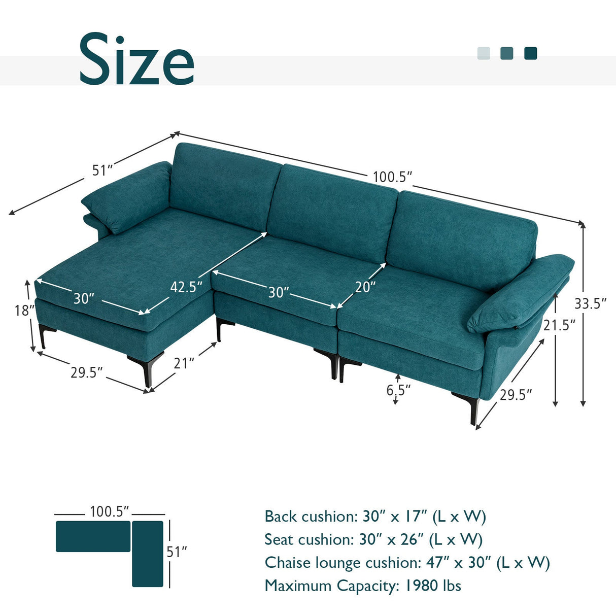 Sofá seccional modular extra grande en forma de L con chaise reversible para 4-5 personas