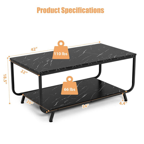 Mesa de centro moderna de 2 niveles con estante de almacenamiento de mármol para sala de estar-Negro