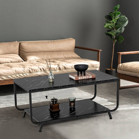 Mesa de centro moderna de 2 niveles con estante de almacenamiento de mármol para sala de estar-Negro
