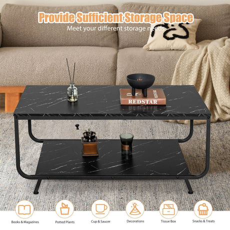 Mesa de centro moderna de 2 niveles con estante de almacenamiento de mármol para sala de estar-Negro