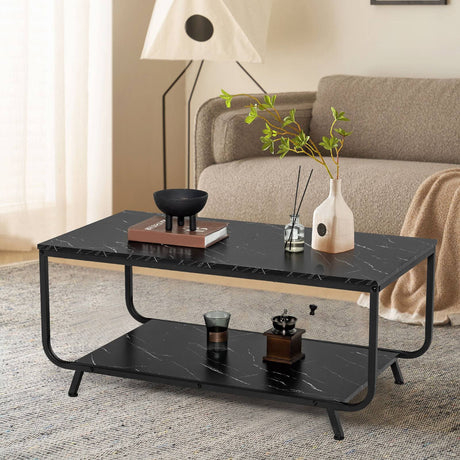 Mesa de centro moderna de 2 niveles con estante de almacenamiento de mármol para sala de estar-Negro