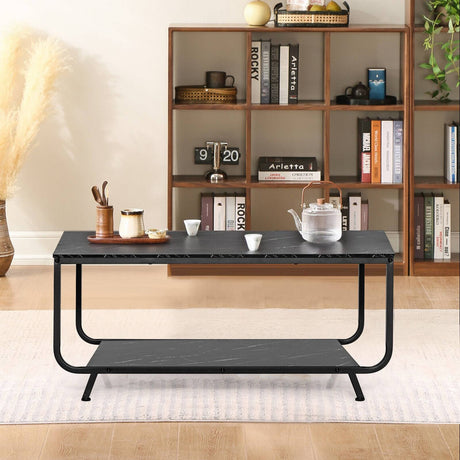 Mesa de centro moderna de 2 niveles con estante de almacenamiento de mármol para sala de estar-Negro