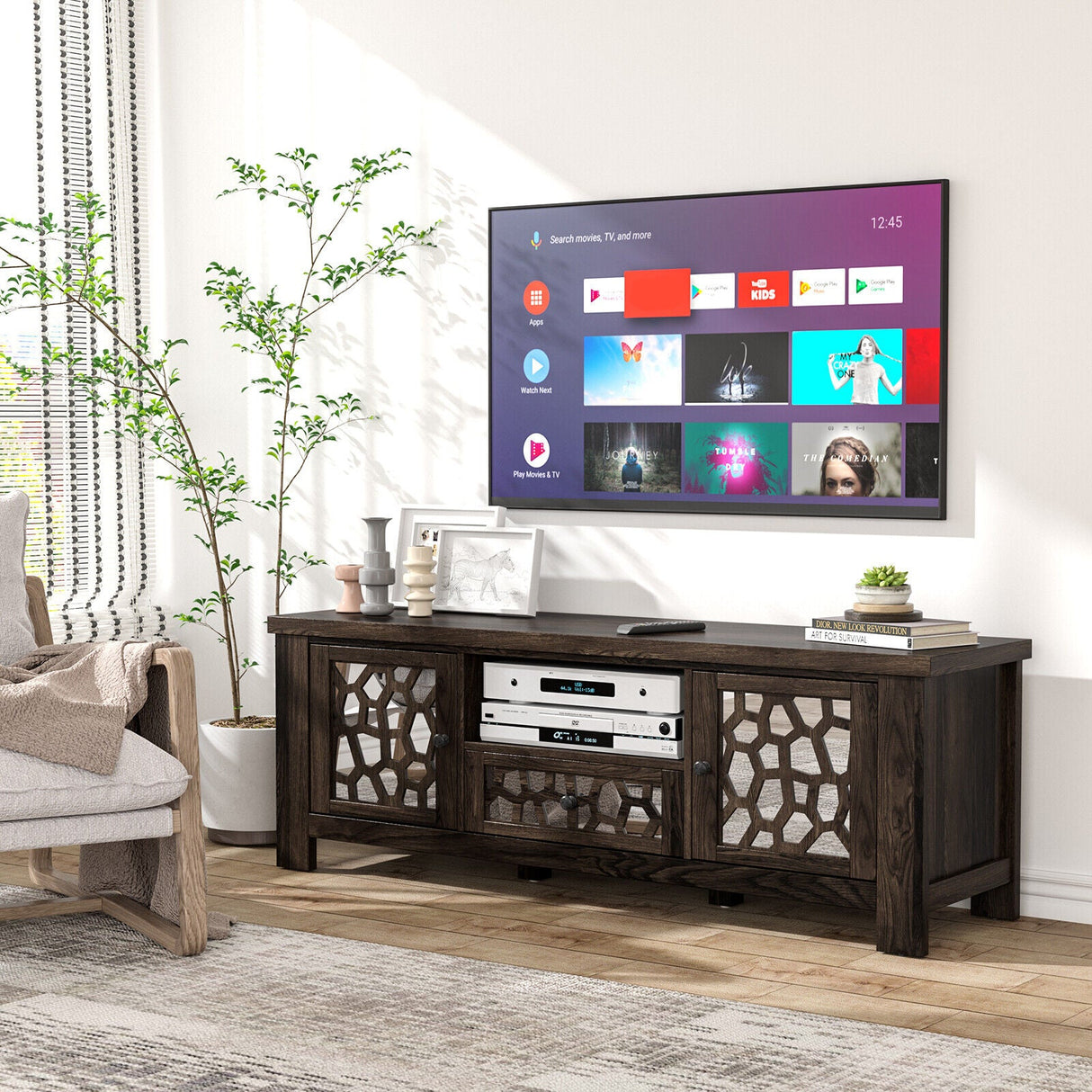 Mueble de TV/Centro de Entretenimiento Retro de 55 Pulgadas con Puertas de Espejo y Cajón