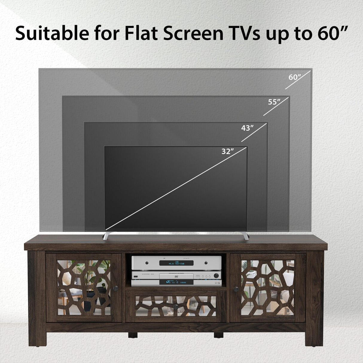 Mueble de TV/Centro de Entretenimiento Retro de 55 Pulgadas con Puertas de Espejo y Cajón