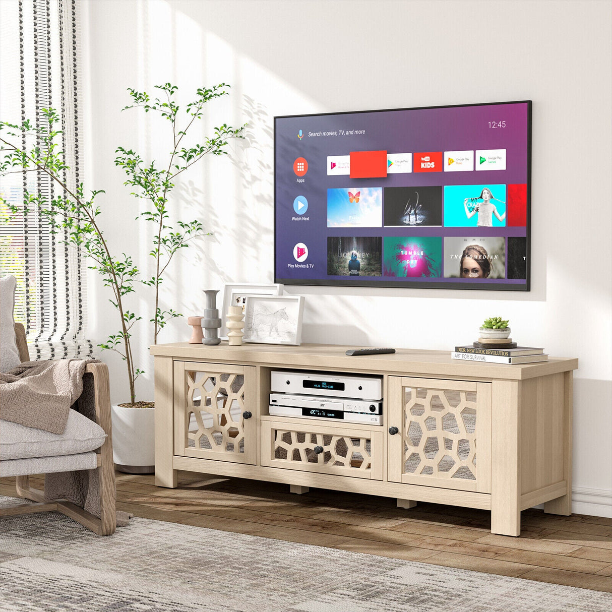 Mueble de TV/Centro de Entretenimiento Retro de 55 Pulgadas con Puertas de Espejo y Cajón