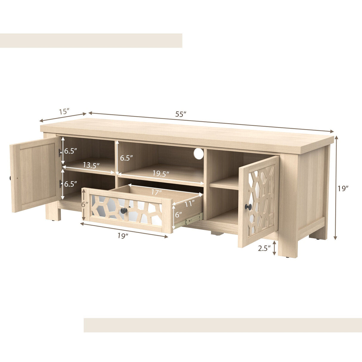Mueble de TV/Centro de Entretenimiento Retro de 55 Pulgadas con Puertas de Espejo y Cajón