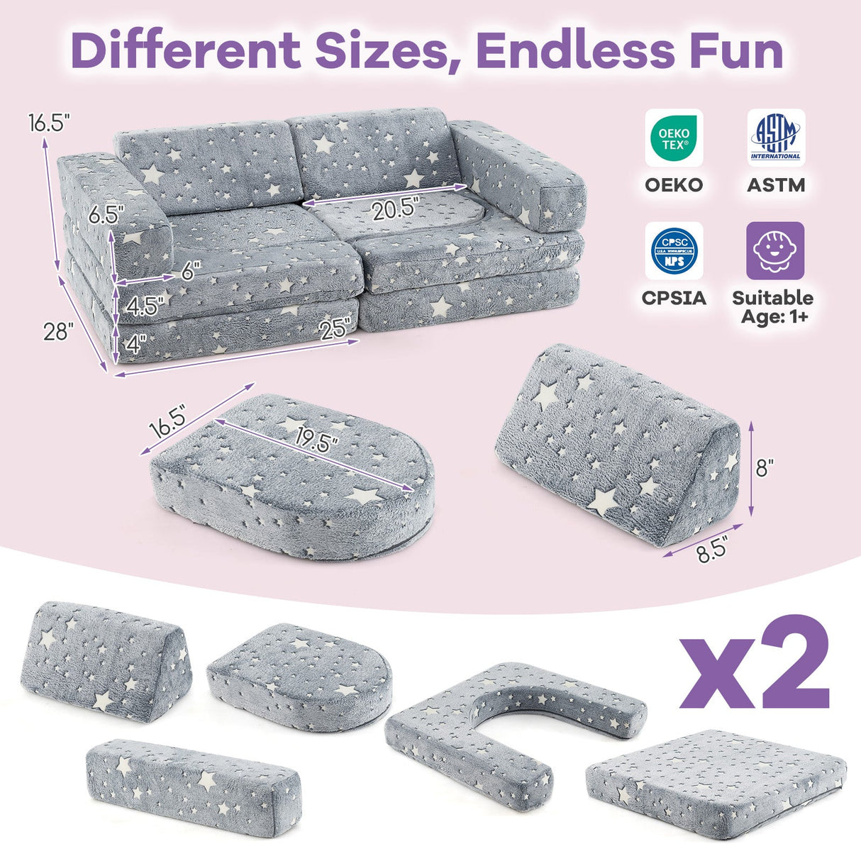 10 Pieces Modular Kids Play Couch Sectional Sofa Glow in the Dark-Gray