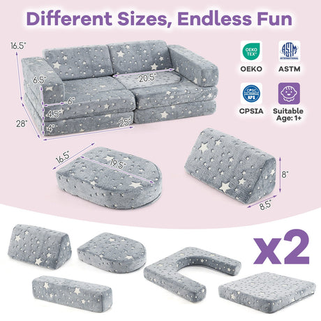 Sofá seccional modular de 10 piezas para niños que brilla en la oscuridad - Gris
