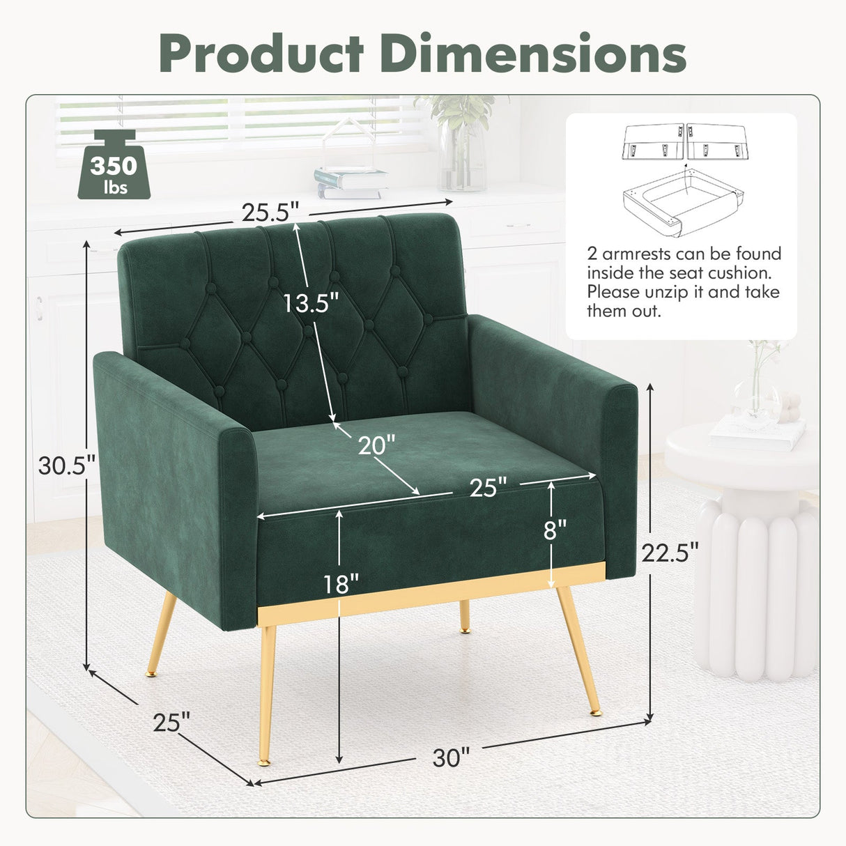 Sillón Moderno de Terciopelo con Respaldo Acolchado Botoné, Patas de Metal Doradas y Almohadillas Ajustables para los Pies