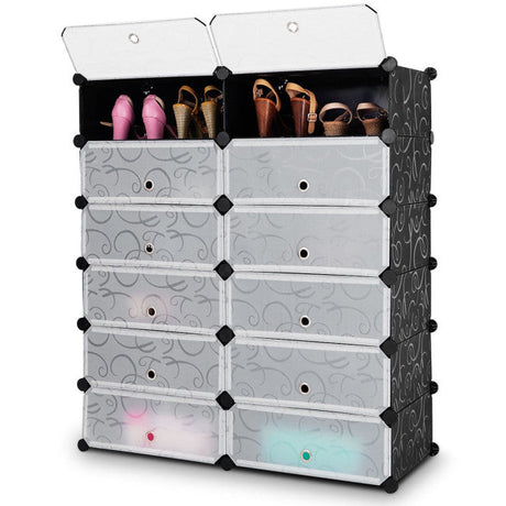 Zapatero portátil de plástico de 12 cubos DIY con puertas transparentes