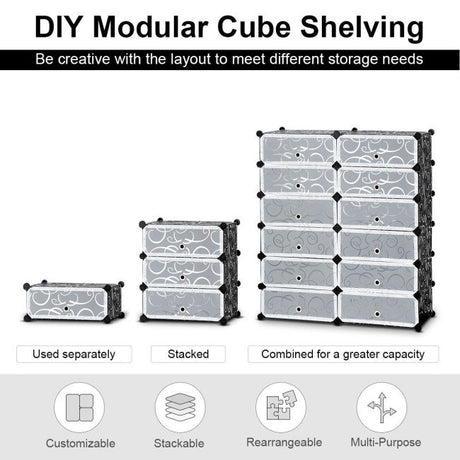 Zapatero portátil de plástico de 12 cubos DIY con puertas transparentes