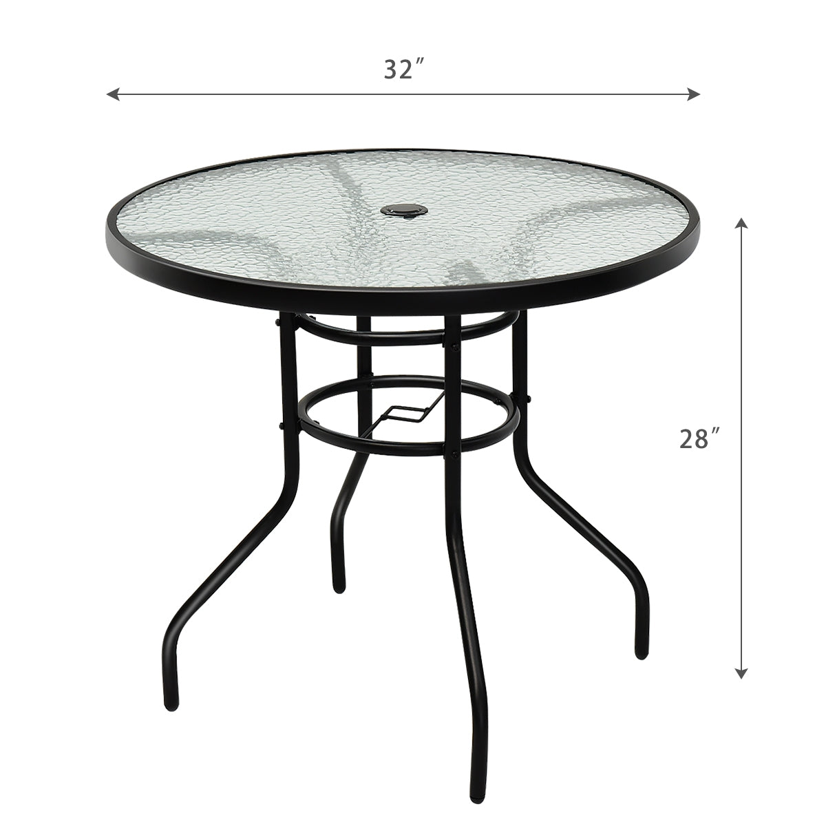 Mesa redonda de 32 pulgadas para patio, de cristal templado y estructura de acero, con práctico orificio para sombrilla