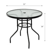 Mesa redonda de 32 pulgadas para patio, de cristal templado y estructura de acero, con práctico orificio para sombrilla