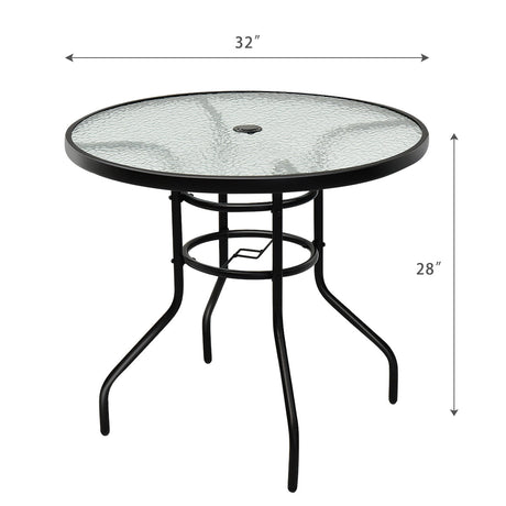 Mesa redonda de 32 pulgadas para patio, de cristal templado y estructura de acero, con práctico orificio para sombrilla