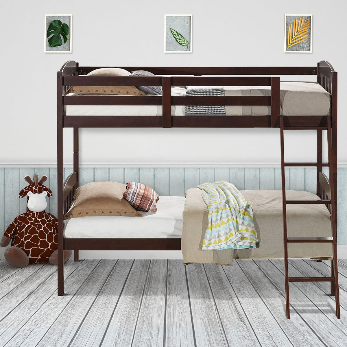 Literas dobles de madera maciza con escalera desmontable para niños