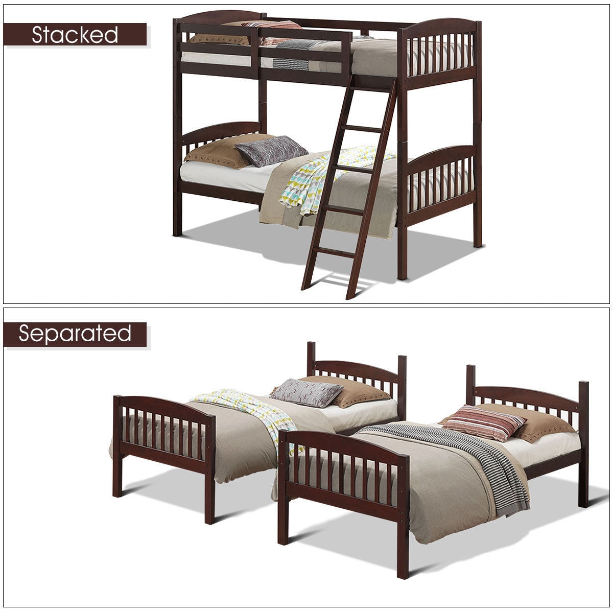 Literas dobles de madera maciza con escalera desmontable para niños