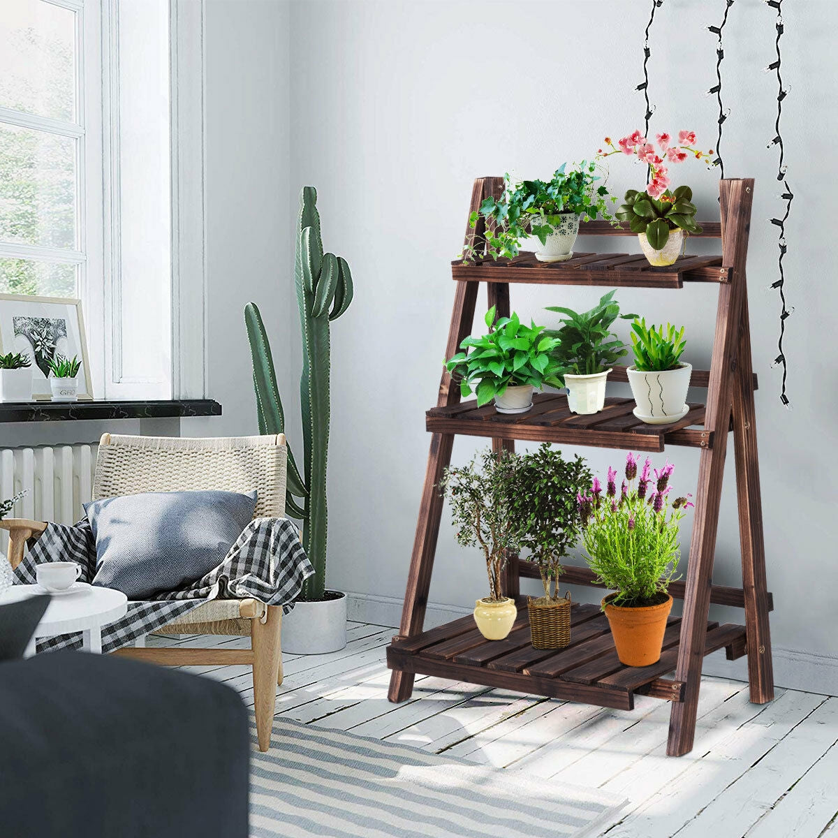 Expositor plegable de madera de 3 niveles para flores de exterior