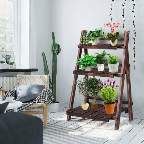 Expositor plegable de madera de 3 niveles para flores de exterior