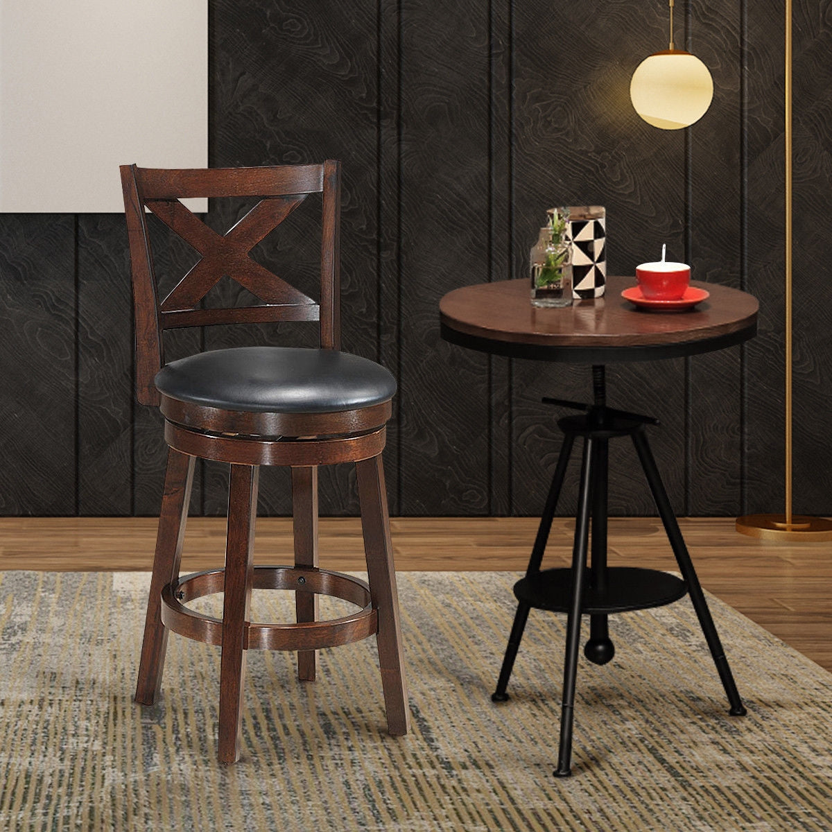 Taburete de bar giratorio con respaldo en X y asiento tapizado en PVC a la altura del mostrador