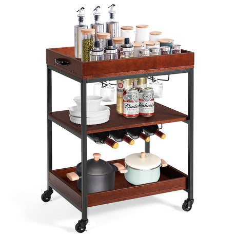 Carrito de bar de cocina de 3 niveles con soporte para vasos y botellero