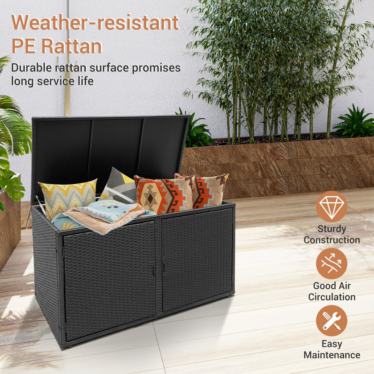 Caja de almacenamiento de ratán para jardín o patio de 88 galones