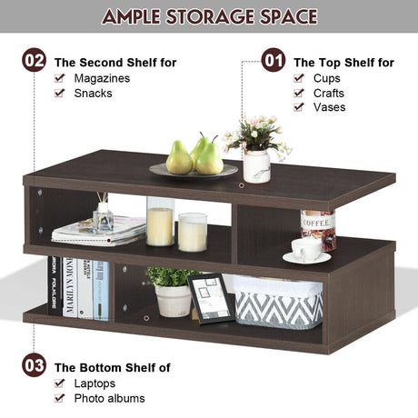 Mesa de centro rectangular moderna de 3 niveles con estante de almacenamiento