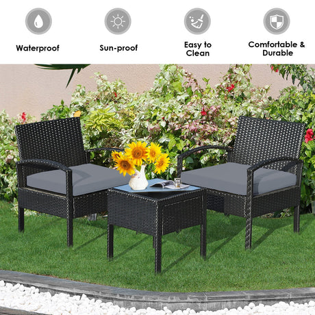 Juego de 3 piezas de muebles de patio de ratán para conversación con cojines de asiento