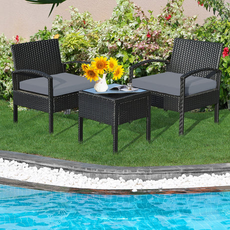 Juego de 3 piezas de muebles de patio de ratán para conversación con cojines de asiento