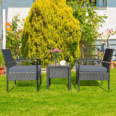 Juego de 3 piezas de muebles de patio de ratán para conversación con cojines de asiento