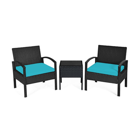 Juego de 3 piezas de muebles de patio de ratán para conversación con cojines de asiento