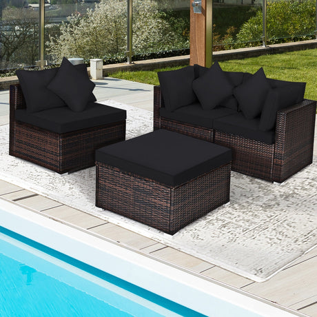 4 Pieces Ottoman Garden Patio Rattan Wicker Furniture Set with Cushion-Gray