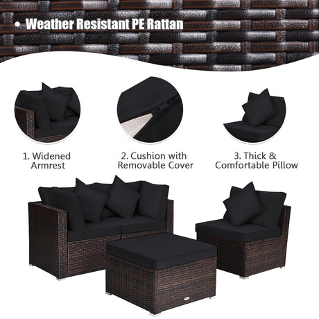 4 Pieces Ottoman Garden Patio Rattan Wicker Furniture Set with Cushion-Gray