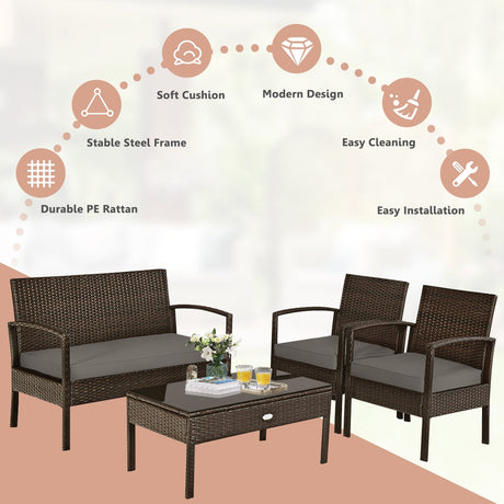 Juego de muebles de patio de ratán acolchado de 4 piezas