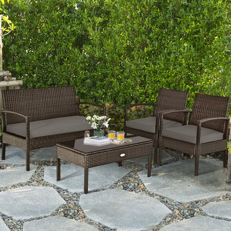 Juego de muebles de patio de ratán acolchado de 4 piezas