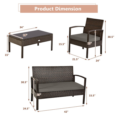 Juego de muebles de patio de ratán acolchado de 4 piezas