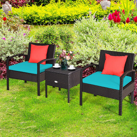 Juego de sofá de mimbre de ratán PE de 3 piezas con cojines lavables y extraíbles para patio - Turquesa