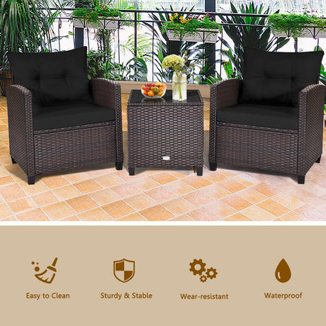 Juego de muebles de patio de ratán de 3 piezas, juego de conversación acolchado, mesa de centro - Beige
