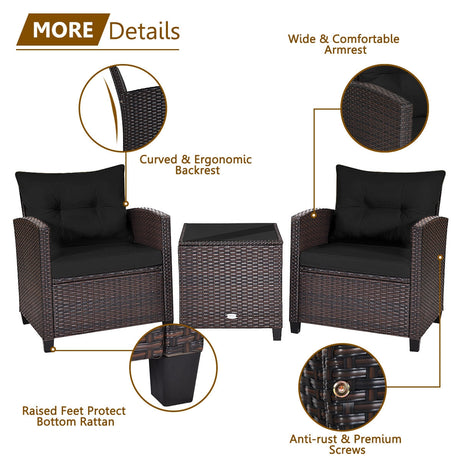 Juego de muebles de patio de ratán de 3 piezas, juego de conversación acolchado, mesa de centro - Beige