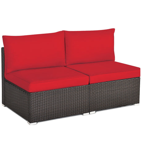 Juego de sofá de ratán para patio de 2 piezas sin reposabrazos con 2 cojines y 2 almohadas