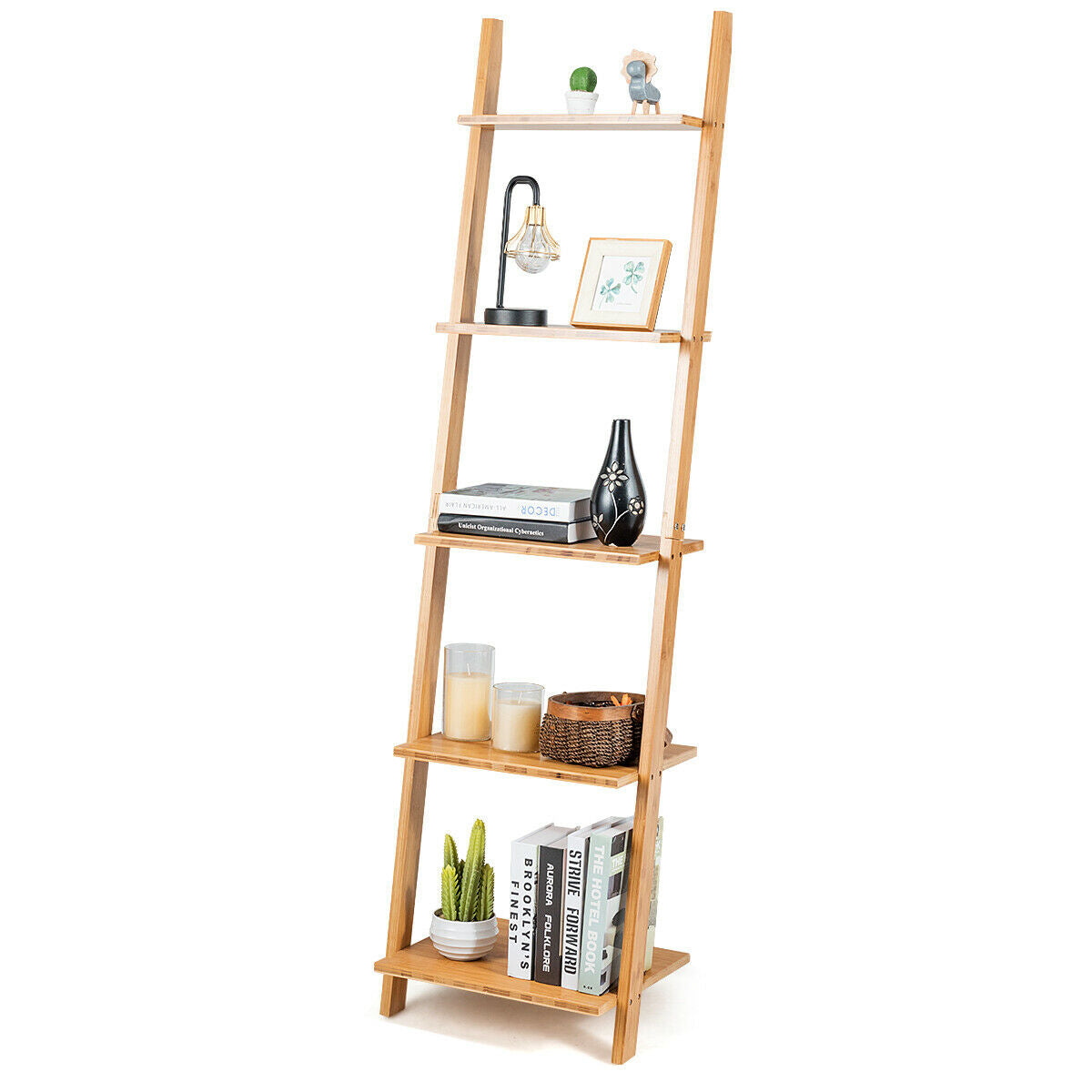 Estantería/Expositor de pared moderno de bambú de 5 niveles con diseño de escalera