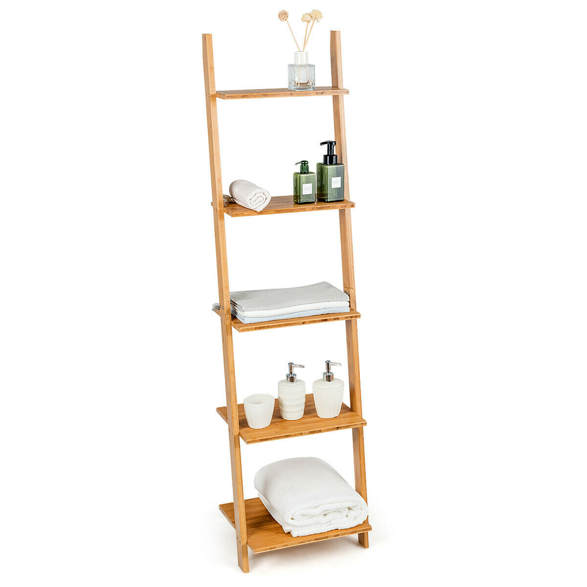 Estantería/Expositor de pared moderno de bambú de 5 niveles con diseño de escalera