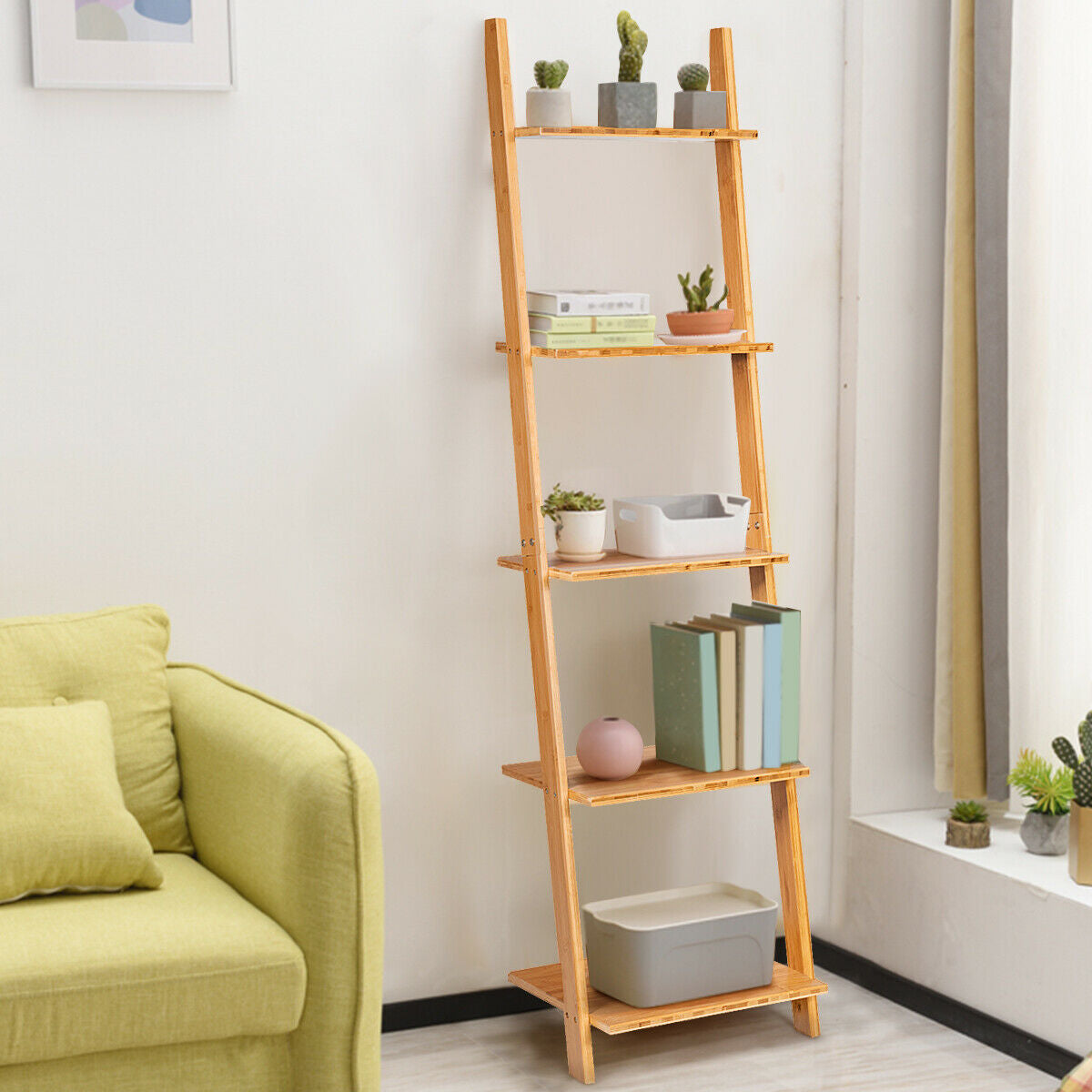 Estantería/Expositor de pared moderno de bambú de 5 niveles con diseño de escalera