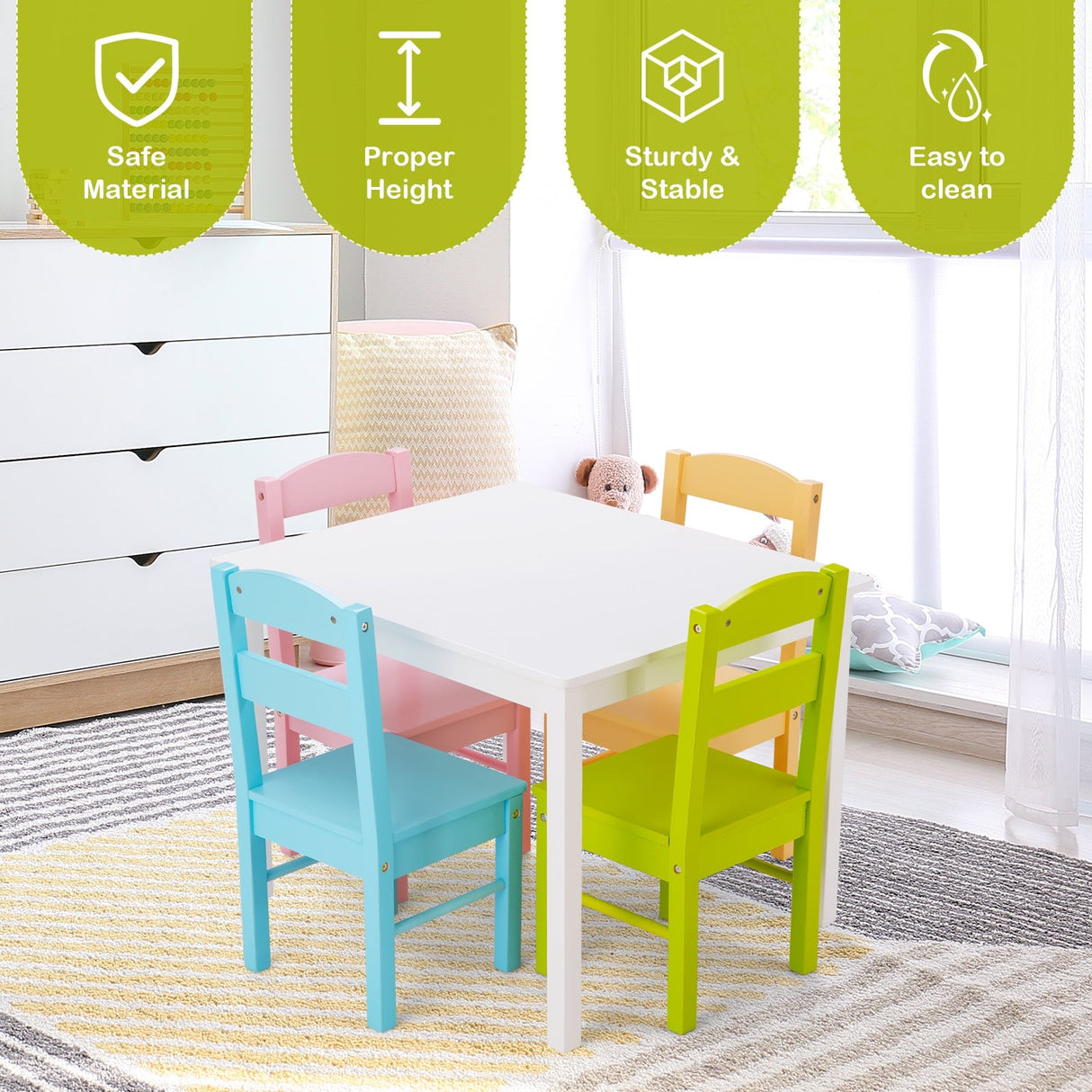 Juego de mesa y 5 sillas de madera de pino para niños